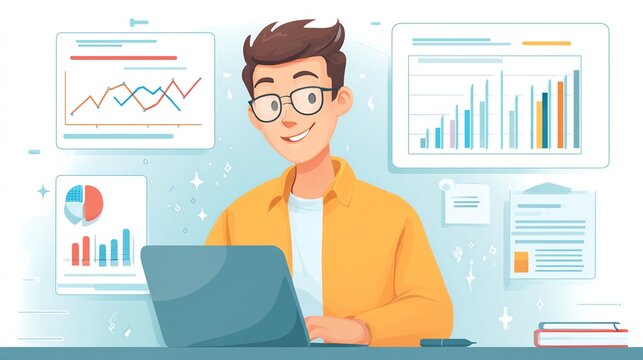 Data Analytics concept, Data Annotation, Data Analysis, Smile businessman use laptop analyzing data for competitor benchmarking and market positioning