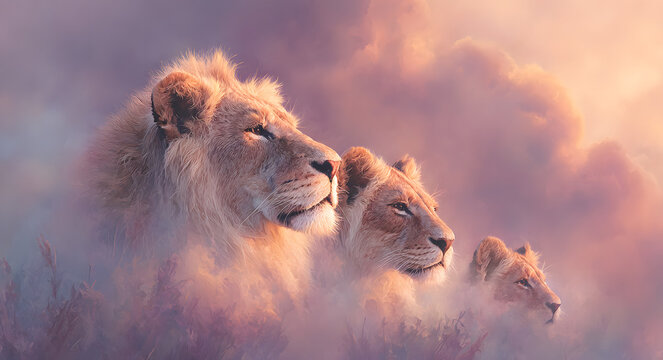 A stunning illustration featuring a lion family comprising a father, mother, and cub, set against soft artistic clouds that depict the love of big cats for World Wildlife Day and nature conservation.
