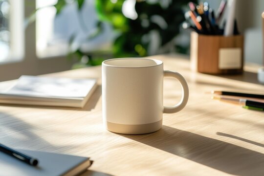 A ceramic mug sits on a wooden desk next to a book and pens, bathed in sunlight. AI.