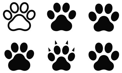 Fototapeta premium Dog paw print set, paw icon symbol collection, cute animal track marks representing pets, veterinary care, animal shelter, and dog walking services, clean simple flat vector