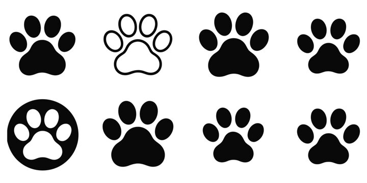 Dog paw print set, paw icon collection representing pet care, animal love, veterinary services, and adoption