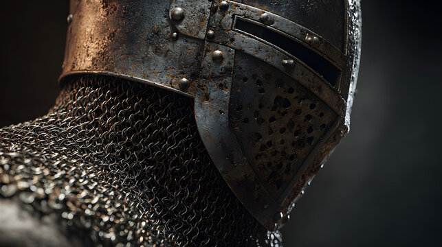 A medieval knight dressed in armor, with a close up profile portrait, steel helmet, and chainmail.