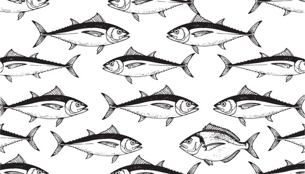 Seamless pattern of vintage tuna fish illustrations in scratchboard style, showing detailed scales and fins, ideal for seafood branding, fishing themes, and nautical decor.