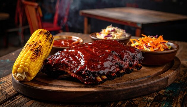A succulent rack of ribs glazed in rich barbecue sauce served with fresh coleslaw and charred corn on a wooden platter for a hearty rustic dinner.