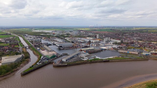 Aerial view above Goole Docks and River Ouse in East Yorkshire, UK