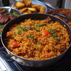 Fototapeta premium Authentic Jollof Rice Steaming in Iron Pot at Nigerian Celebration Gathering