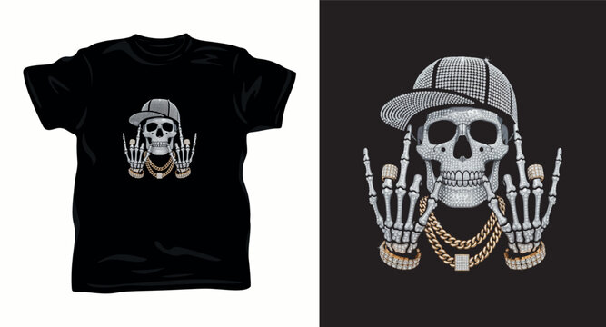 Skull wearing baseball cap and gold chains showing rock sign for street style.