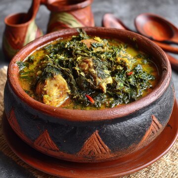 Traditional Nigerian Egusi Soup with Melon Seeds and Eba Served in a Clay Pot