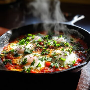 Delicious Israeli Shakshuka with Poached Eggs and Tomato Pepper Sauce in a Cast Iron Skillet with Morning Steam