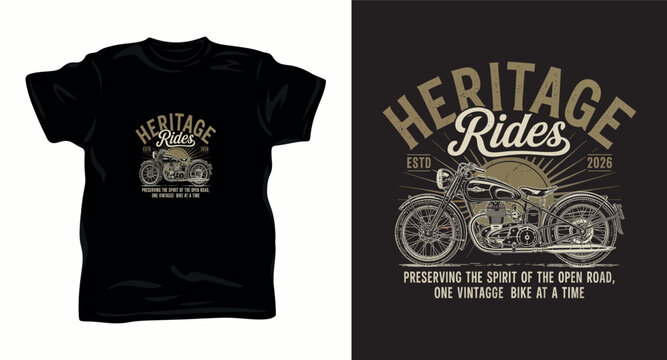 Vintage motorcycle emblem design with heritage rides typography and retro classic bike illustration on black t-shirt.