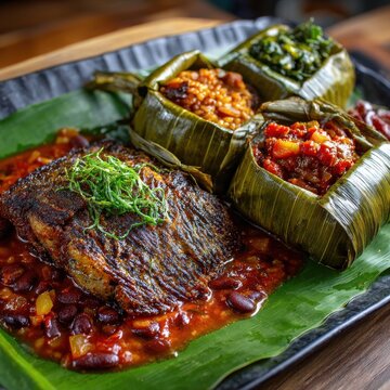Authentic Ghanaian Waakye Meal with Fried Fish and Shito Stew Wrapped in Banana Leaf