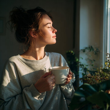 Woman enjoys a quiet morning at home with coffee by the window. Soft sunlight and cozy interior create a relaxed atmosphere