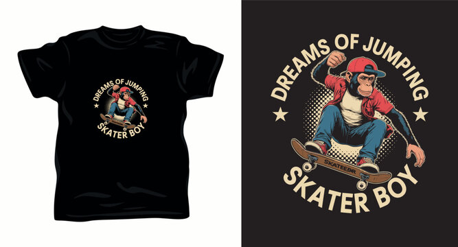 Dreams of jumping skater boy monkey illustration with chimpanzee on skateboard for vintage tshirt.