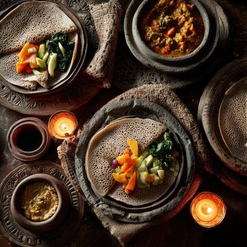 Traditional Ethiopian Dinner with Injera and Misro Wat Under Warm Candlelight Ambiance