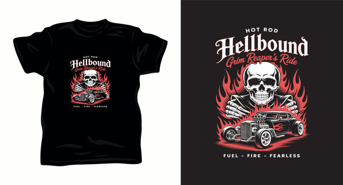 Vintage hot rod hellbound grim reaper ride vector illustration for t shirt design.