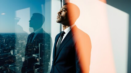 Plakat Thoughtful black businessman looking out of skyscraper window with reflection, ambitious male executive dreaming of future success, cinematic corporate portrait with artistic light leaks and city view