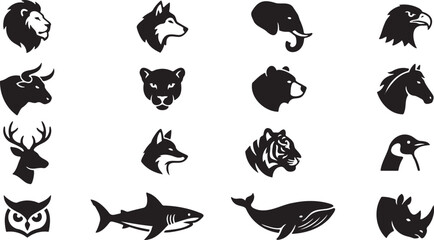 Minimalist Animal Head Silhouette Collection for Logos featuring Lion Wolf Elephant Bear Eagle and Rhino Vector Symbols © RobiulIslam
