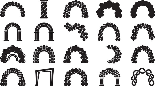 Event Decoration Balloon Arch and Column Silhouettes for Wedding Birthday and Grand Opening Celebration Vector Icons