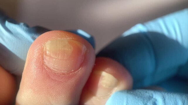 Close up of toenail fungus onychomycosis, podiatrist hands in gloves examining damaged yellow nails of a patient