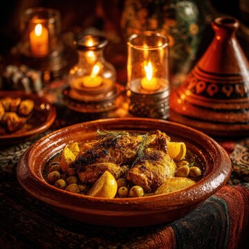 Algerian Tajine Zitoun with Chicken, Olives, and Preserved Lemon in Warm Evening Glow