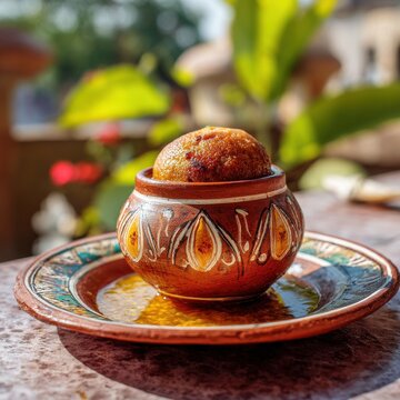 Traditional Rajasthani Dal Baati Churma on Plated Ceramic, Celebration Outdoors in Daylight