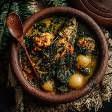 Traditional Nigerian Egusi Soup with Stockfish Served in Clay Pot under Moody Kitchen Light