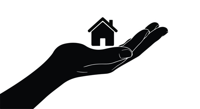 Hand holding house silhouette, home ownership, protection, care, real estate concept, property, shelter, security, palm, residential, housing, illustration