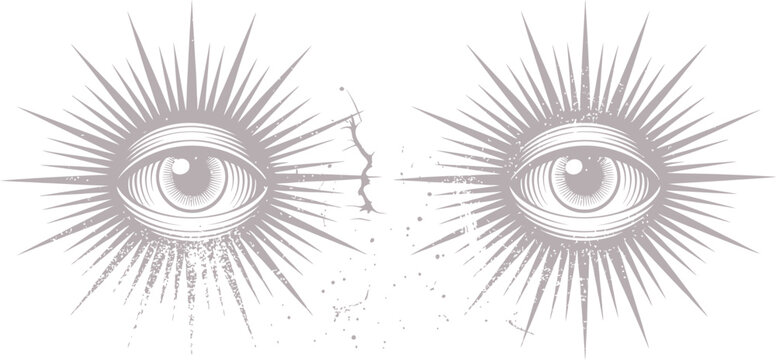 Mysterious evil eye symbols radiating rays isolated on transparent background.