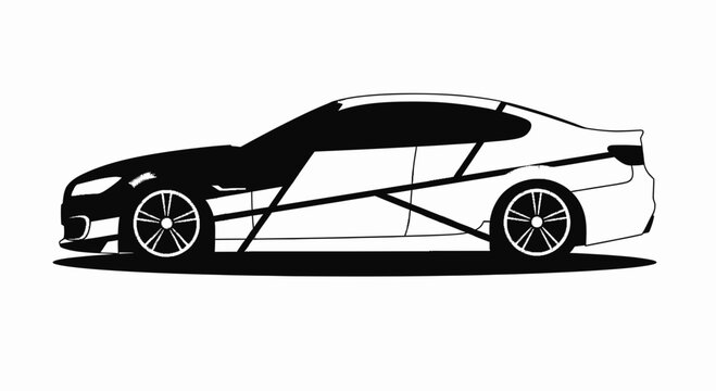 Black and White Modern Sedan Vector Silhouette with Abstract Geometric Wrap Design Side View Isolated on White Background
