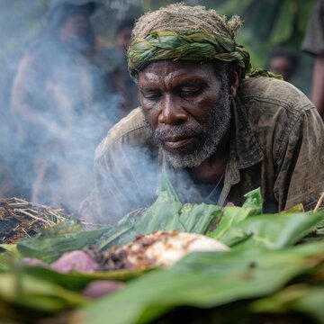 Traditional Papuan Mumu Ceremony with Sweet Potato, Taro, and Pork Unwrapping from Earth Oven