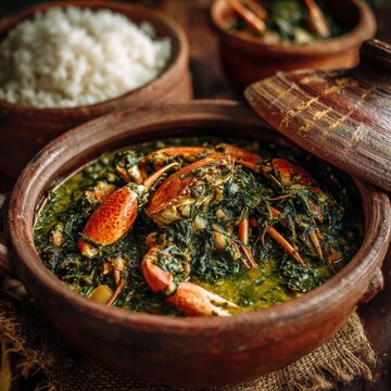 Traditional Mozambican Matapa Crab Stew in Earthenware Bowl at Seaside Dinner