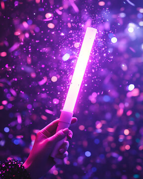 Dynamic concert atmosphere with glowing lightstick, motion trails, and festive confetti symbolizing fan passion and excitement