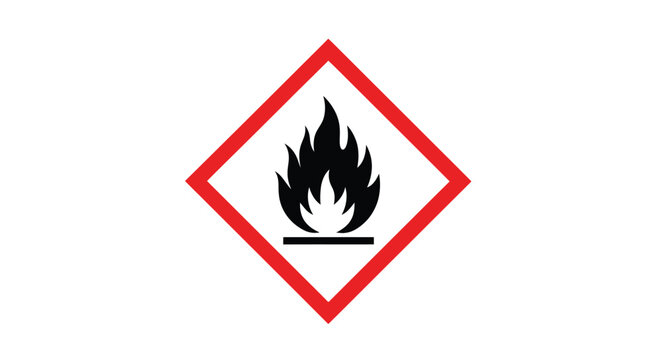 The flammable symbol appears as a standardized red diamond hazard pictogram designed to warn personnel about highly combustible chemical substances in a professional laboratory.