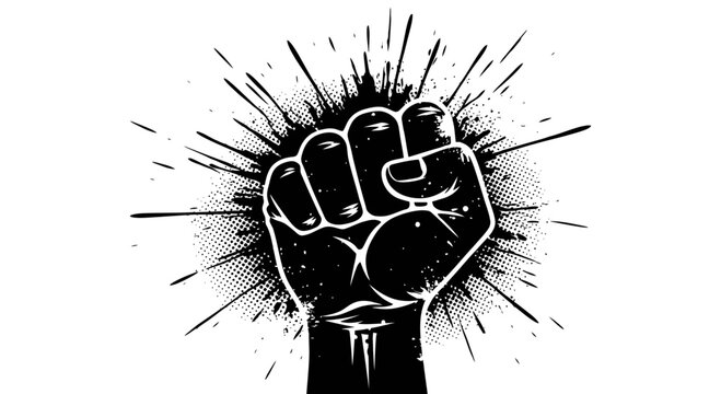 Protest and Revolution Symbol: Raised Clenched Fist Illustration with Grunge Ink Splashes and Halftone Background