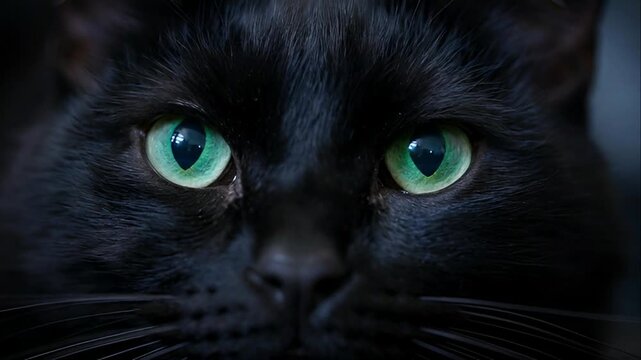 Intense close up of a black cat with vivid green eyes gazing directly at the camera for a captivating animal concept and mysterious pet portrait