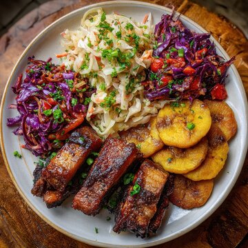 Delicious Haitian Griot with Spicy Pikliz and Fried Plantains Served on a Plate in Bright Daylight