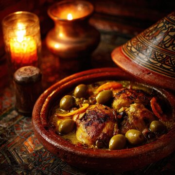 Algerian Tajine Zitoun dish with chicken, olives, and preserved lemon in earthenware with candlelit evening glow