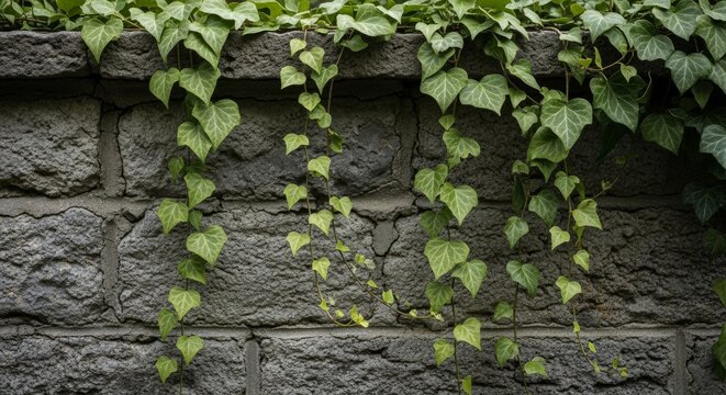 Green Ivy Vines Cascading Over a Textured Stone Wall