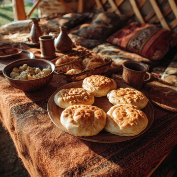 Traditional Kazakh Baursak on Celebration Table with Kumiss and Rustic Decor