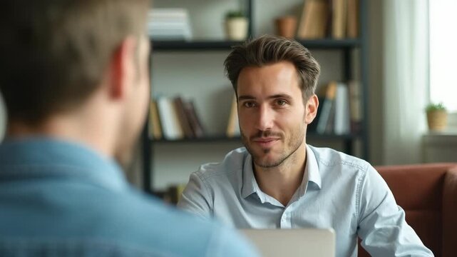 Close-up of two men engaged in a focused discussion in a modern office. Professional environment, collaboration, and communication concept. Bright, neutral tones emphasize business context.