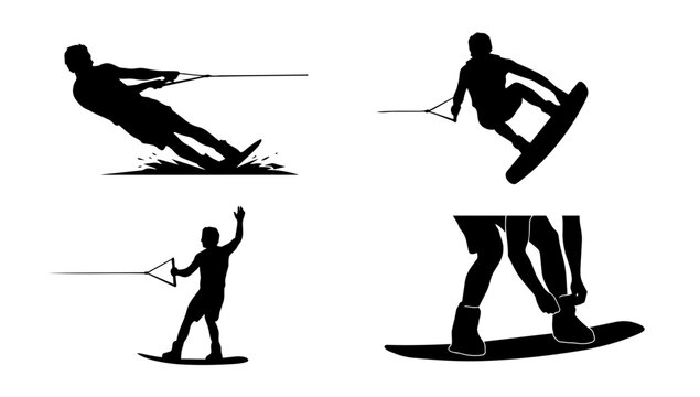 Athletic Male Wakeboarder Silhouette Sequence Displaying Extreme Water Sports Jumping and Riding Action