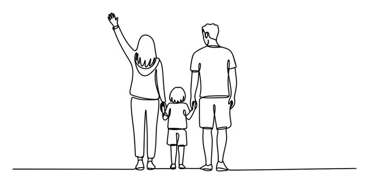 Family of three standing together holding hands line art