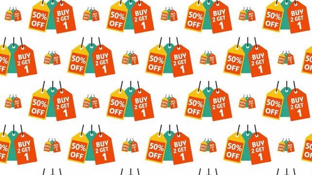 Retail discount animated pattern; 50 percent off and buy 2 get 1 free sale tags for shopping promotions.