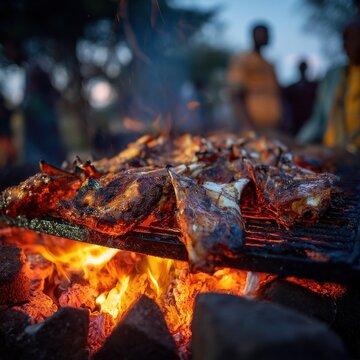 Authentic Kenyan Nyama Choma with Chargrilled Goat Meat on a Jiko at Dusk