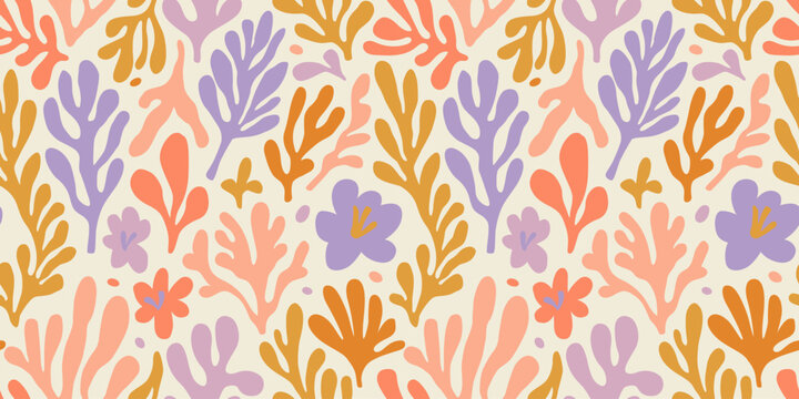 Abstract plant leaf art seamless pattern with colorful freehand doodle collage. Organic leaves cartoon background, simple nature shapes in vintage pastel colors. 