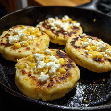 Freshly cooked handmade Colombian arepas de choclo with melted butter and cheese on a cast iron griddle