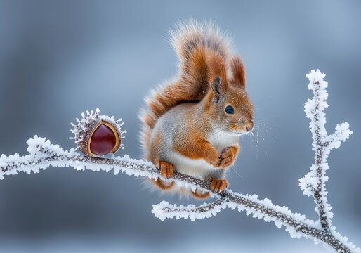 A miniature squirrel the size of a tiny chestnut perches on a frozen branch covered in thick white winter frost during a cold morning, cute, habitat, snow