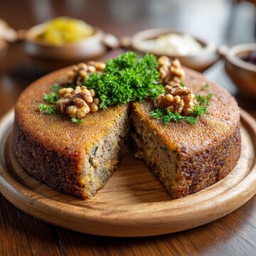 Traditional Syrian kibbeh bil sanieh with lamb and pine nuts baked to a golden crust in crosscut tray