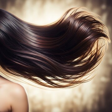 Flowing, lustrous dark brown hair cascades, catching light, against a soft, textured background
