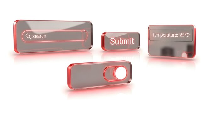 Futuristic Digital User Interface Elements with Red Glowing Glass Design, featuring a Search Bar, Submit Button, Toggle Switch, and Temperature Display.